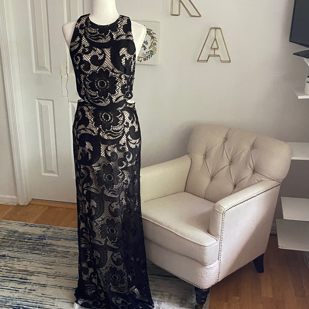 Alice + Olivia Black Lace Maxi Dress side and back cut outs